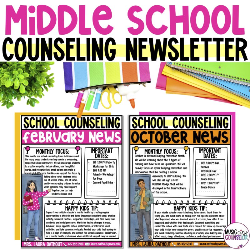 Middle School Counseling Editable Monthly Newsletter
