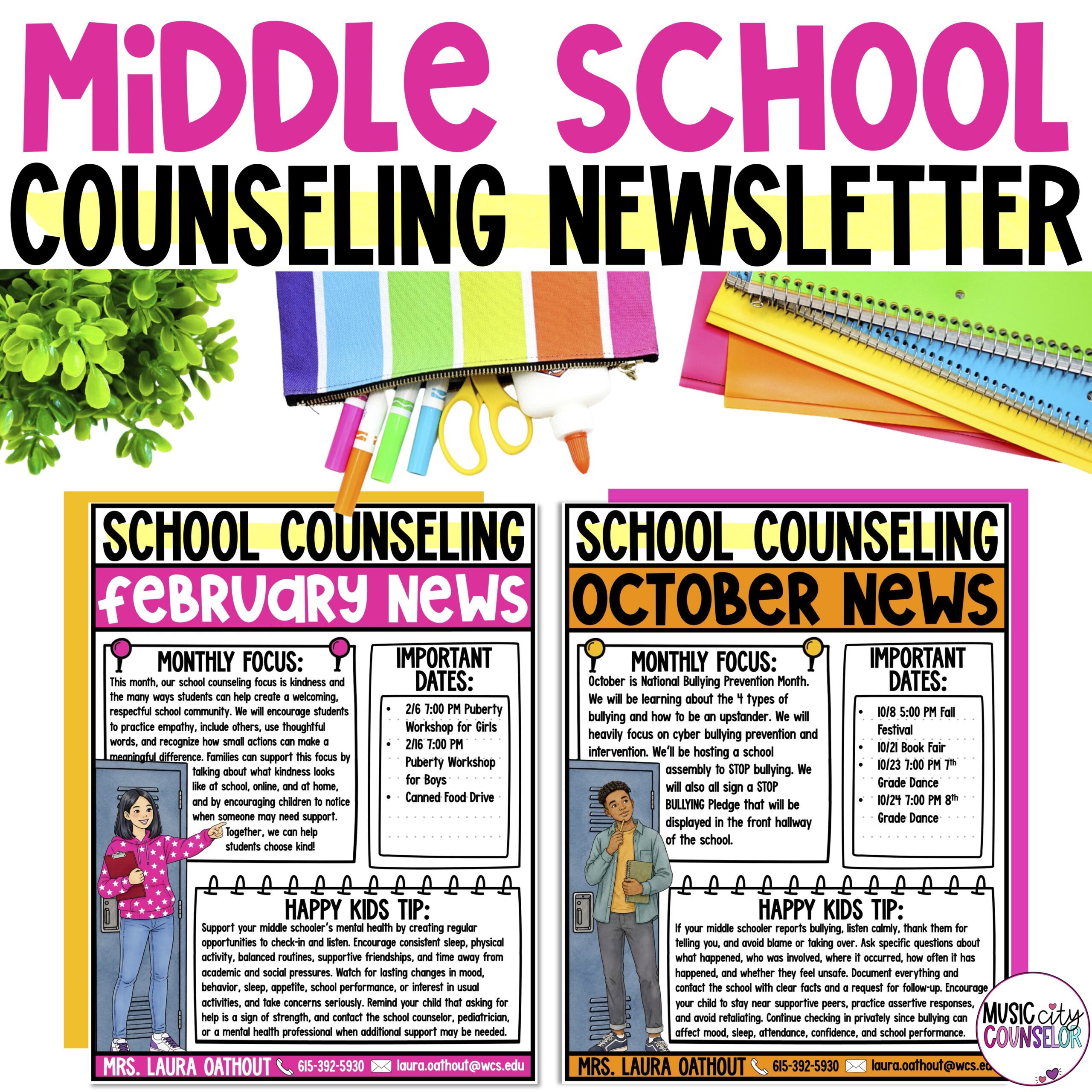Middle School Counseling Editable Monthly Newsletter